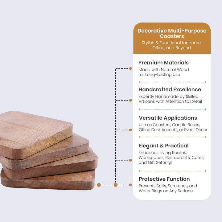 Decorative Multi-Purpose Wooden Coasters (Set of 4) – Handmade Natural Wood Drink Coasters for Tea, Coffee & Table Protection