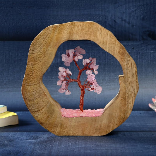 Rose Quartz Crystal Tree in Handcrafted Wooden Frame – Natural Healing & Love Stone Decor