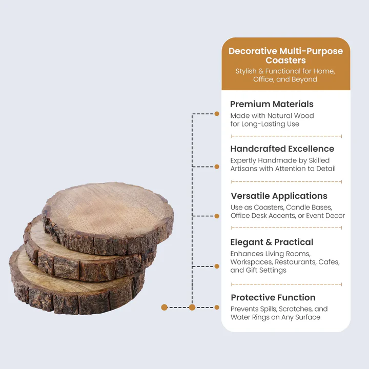 Decorative Multi-Purpose Natural Wooden Log Coasters – Extra-Thick Handcrafted Tree Slice Coasters for Tea, Coffee & Table Protection (Set of 4)