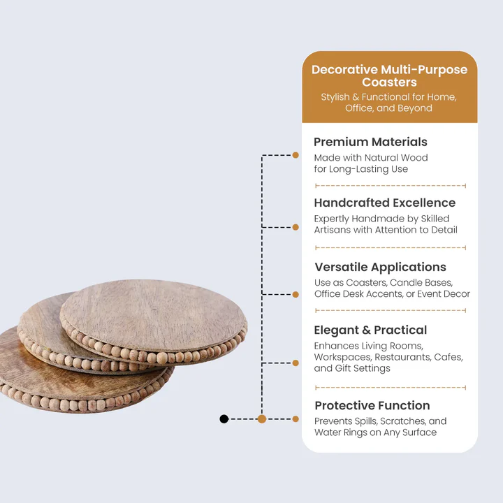 Decorative Multi-Purpose Wooden Coasters – Handcrafted Natural Wood Beaded Coasters for Tea, Coffee & Table Protection (Set of 4)