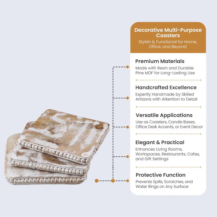 Decorative Multi-Purpose Square Coasters – Handmade Wood Coasters for Tea, Coffee, Candles & Table Protection (Set of 4)