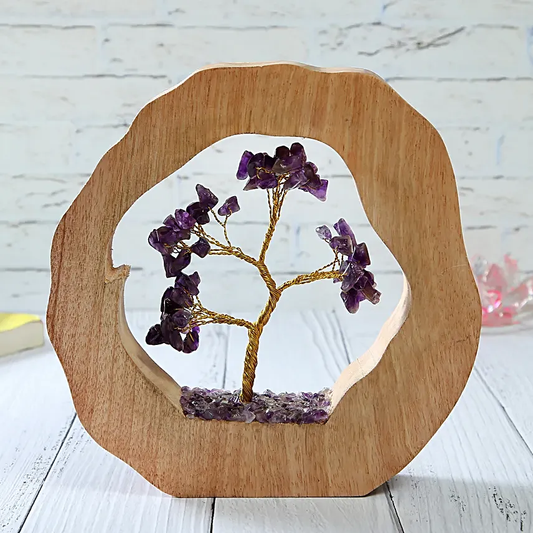 Amethyst Crystal Wish Tree in Natural Wooden Frame – Healing & Vastu Decor Showpiece