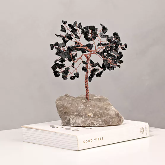 Black Tourmaline Crystal Tree on Natural Stone Base – Protection & Vastu Decor for Home & Office