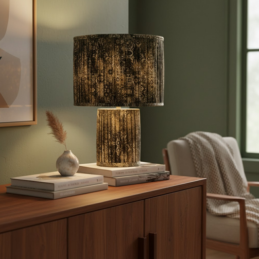 Handcrafted Pleated Fabric Table Lamp with Textured Abstract Print Shade, Decorative Bedside & Living Room Lamp for Home, Bedroom, Office & Ambient Lighting Décor